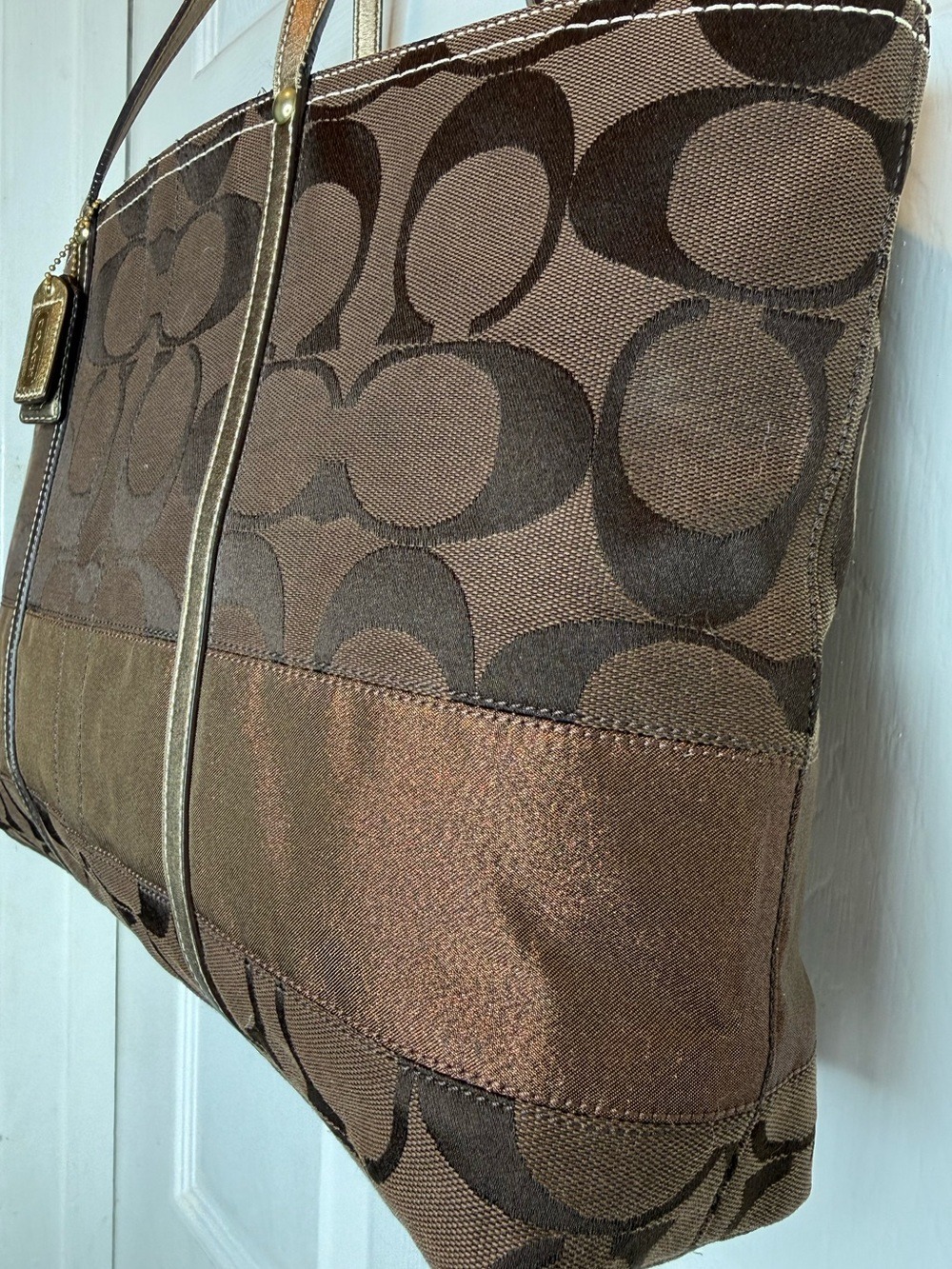 COACH SIGNATURE STRIPE TOTE BAG, METALLIC BRONZE STRIPE - Picture 2 of 16